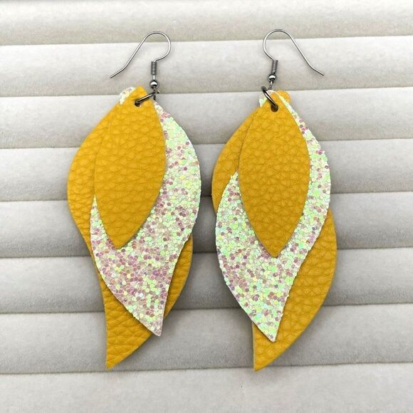 Yellow Faux Leather with Sequin Layered Leaf 316L Stainless Steel Hook Earrings - Picture 3 of 10
